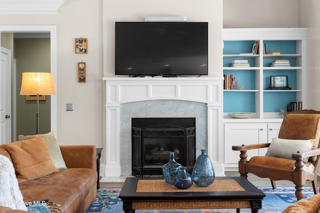 living room featuring a fireplace