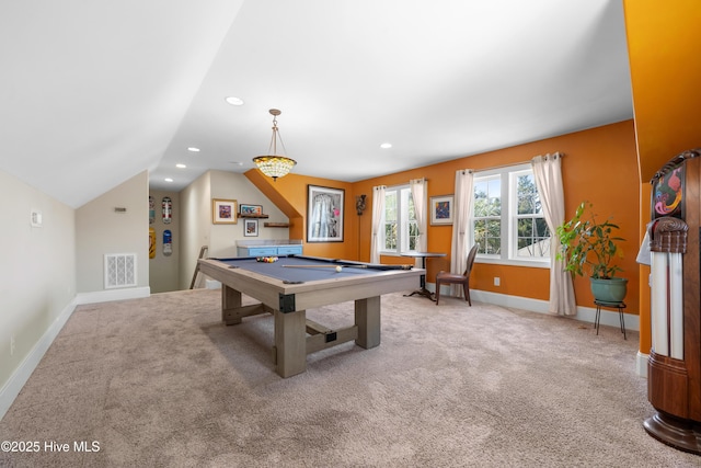 playroom with visible vents, billiards, recessed lighting, carpet flooring, and lofted ceiling