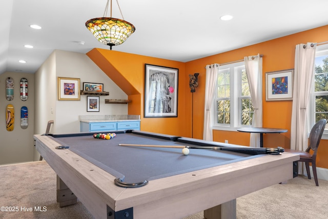 game room featuring pool table, recessed lighting, and carpet floors