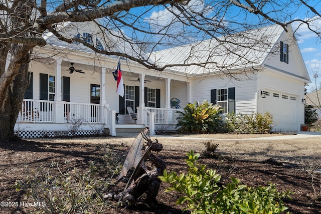 view of front of home featuring covered porch, an attached garage, and ceiling fan