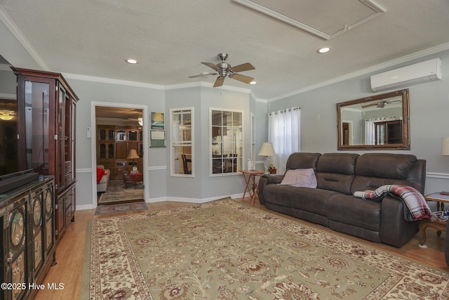 living area with a wall unit AC, crown molding, and wood finished floors