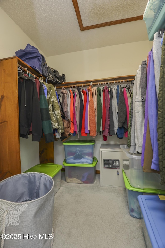 walk in closet with carpet flooring