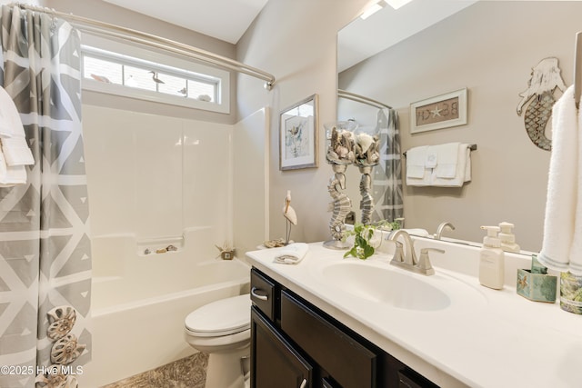 full bathroom featuring toilet,  shower combination, and vanity