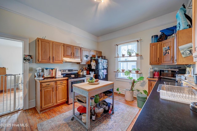 kitchen with under cabinet range hood, light wood finished floors, freestanding refrigerator, and stainless steel range with electric cooktop