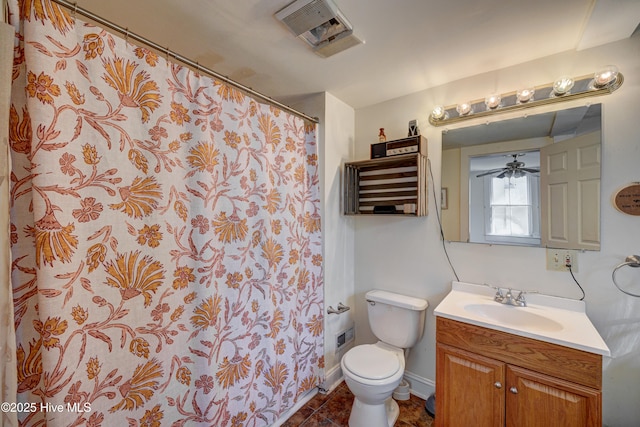 full bath featuring tile patterned flooring, toilet, a shower with shower curtain, vanity, and visible vents