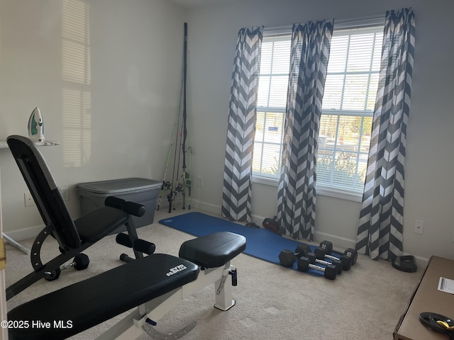 exercise area featuring carpet and baseboards