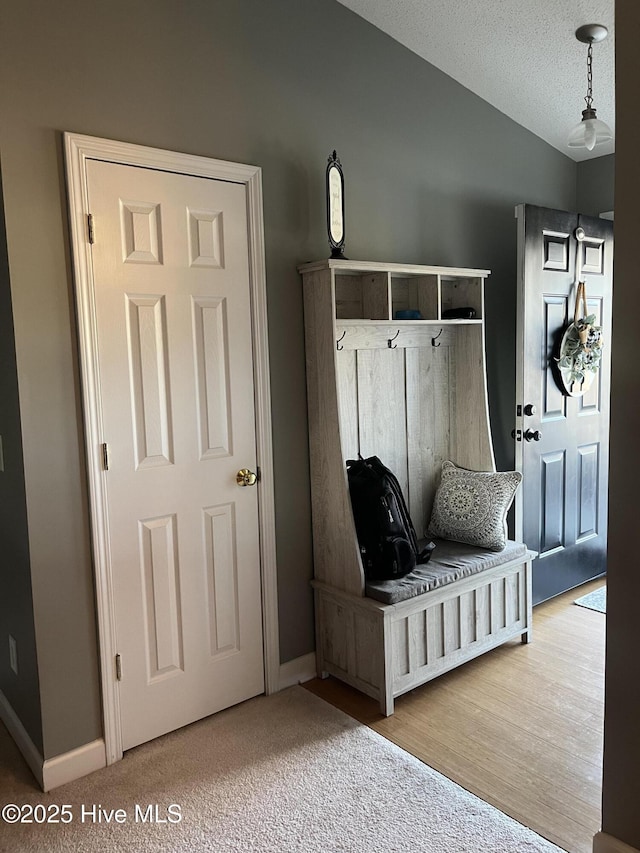 mudroom featuring lofted ceiling, a textured ceiling, carpet, and baseboards