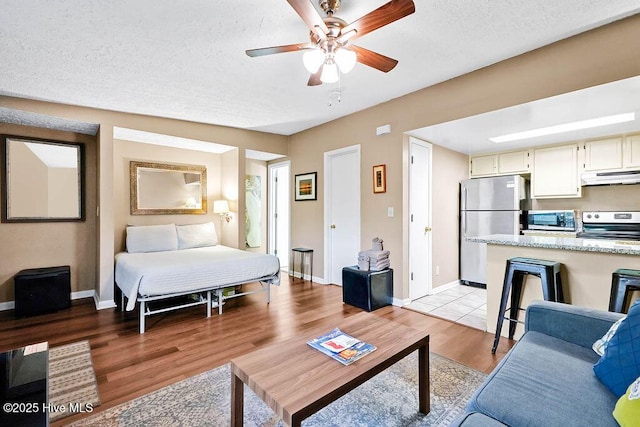 living area with light wood-style flooring, baseboards, and a textured ceiling