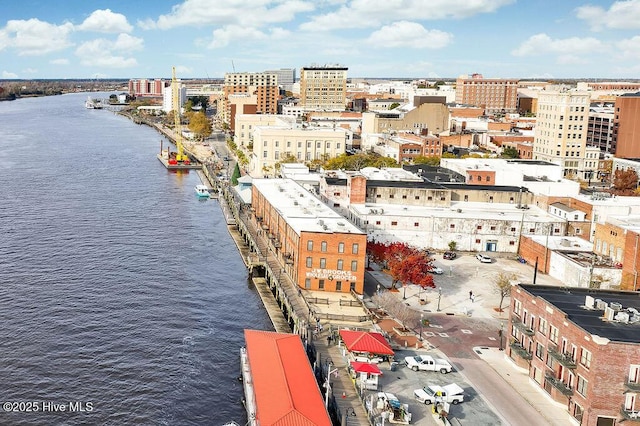 aerial view with a water view and a view of city