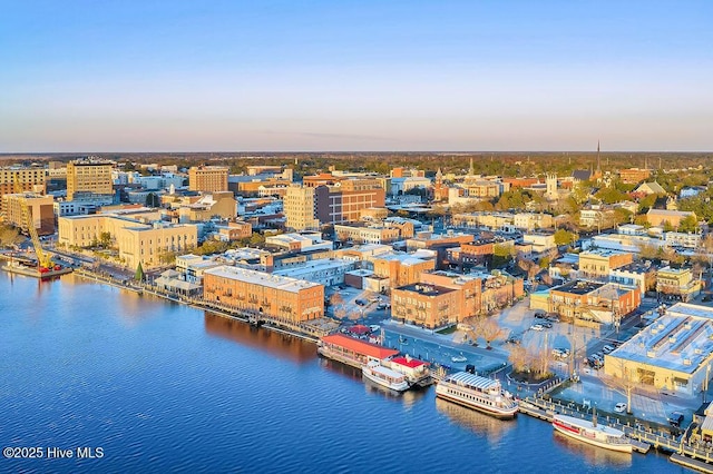 aerial view at dusk with a water view and a city view