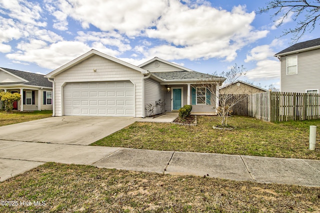 view of front of house featuring a garage, concrete driveway, fence, and a front lawn