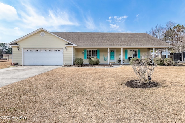 ranch-style home featuring covered porch, driveway, roof with shingles, and an attached garage