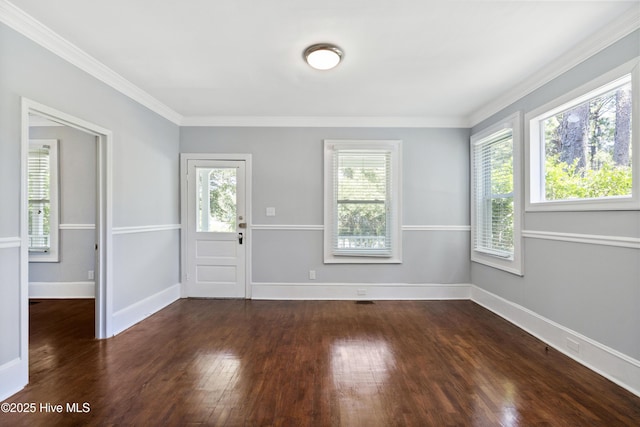 foyer with dark wood-type flooring, a wealth of natural light, and baseboards