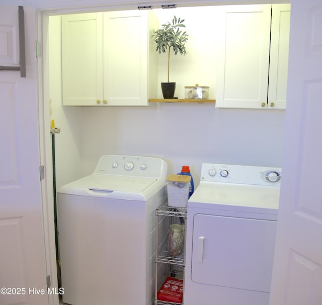 washroom featuring washing machine and dryer and cabinet space