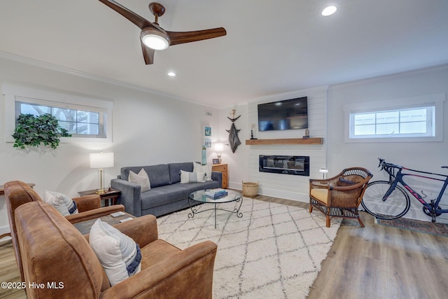 living area featuring wood finished floors, healthy amount of natural light, crown molding, ceiling fan, and a large fireplace