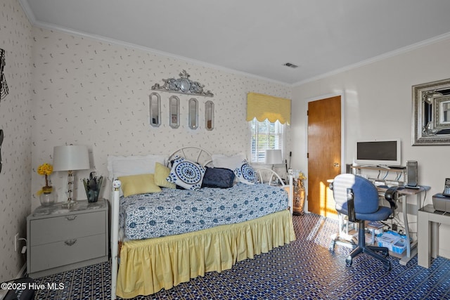 bedroom featuring wallpapered walls, carpet, visible vents, and crown molding