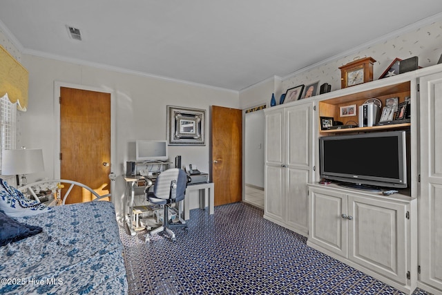 office space featuring visible vents and crown molding