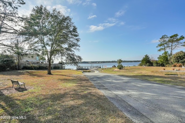 view of street with a water view