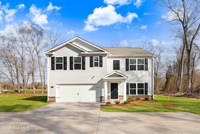 view of front of home featuring stone siding, a garage, driveway, and a front lawn