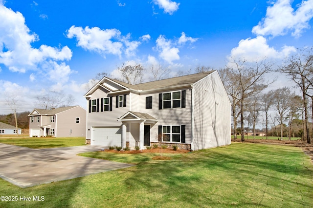 view of front of property with driveway, a front lawn, and a garage