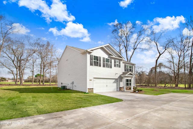 view of home's exterior with concrete driveway, central air condition unit, a yard, and a garage