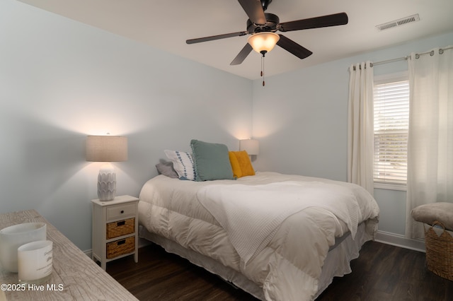 bedroom with visible vents, ceiling fan, and wood finished floors