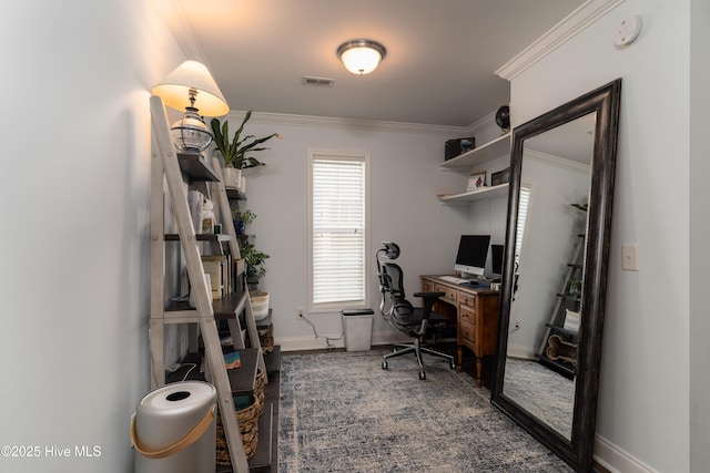 home office with baseboards, visible vents, and crown molding