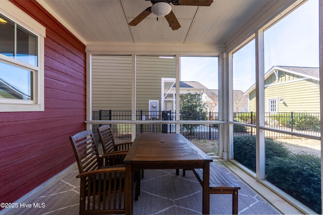 sunroom with ceiling fan and wooden ceiling