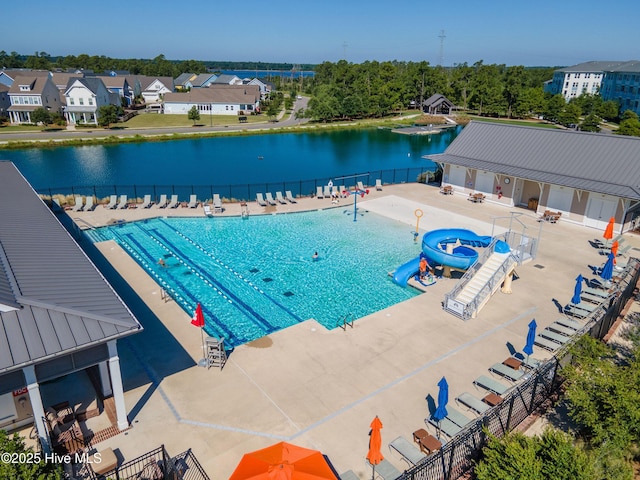 1066 Bradshaw Ter, Wilmington, NC 28412 - pool with fence, a water view, a water slide, and a patio