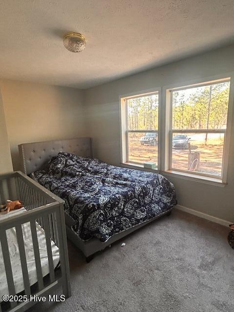 bedroom featuring a textured ceiling, baseboards, and carpet flooring