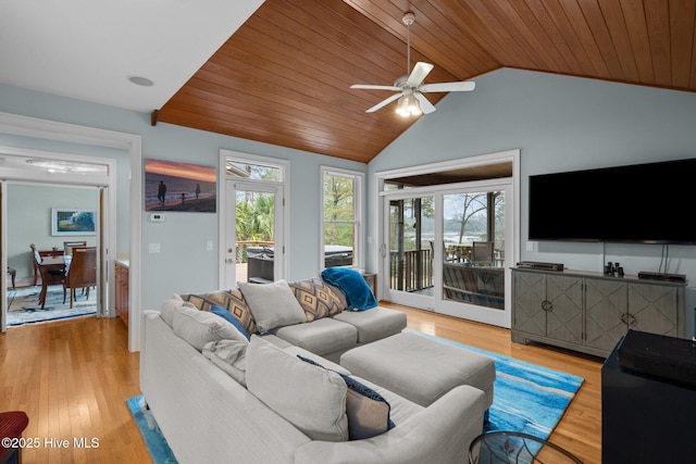 living room featuring a ceiling fan, plenty of natural light, wood ceiling, and lofted ceiling