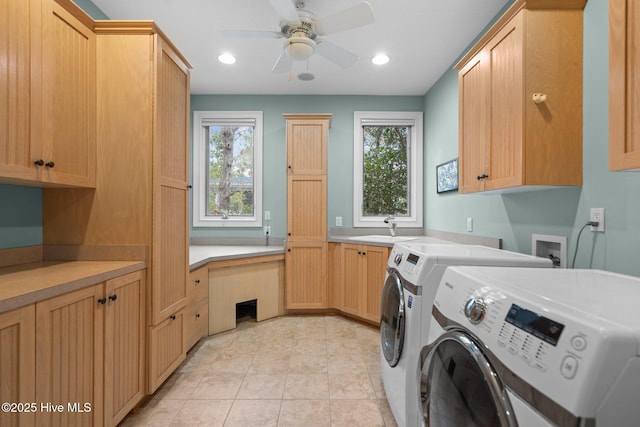 laundry area featuring washer and dryer, ceiling fan, recessed lighting, a sink, and cabinet space