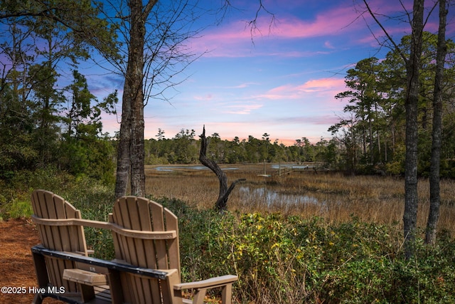 yard at dusk featuring a water view