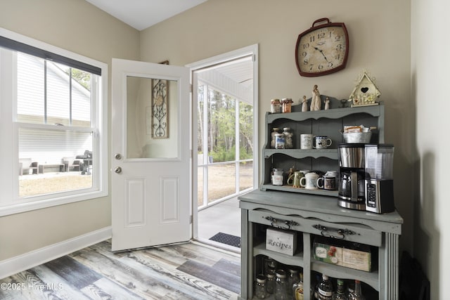 doorway to outside featuring a wealth of natural light, baseboards, and wood finished floors