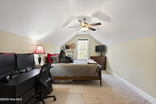 bedroom featuring baseboards, lofted ceiling, a ceiling fan, and carpet flooring