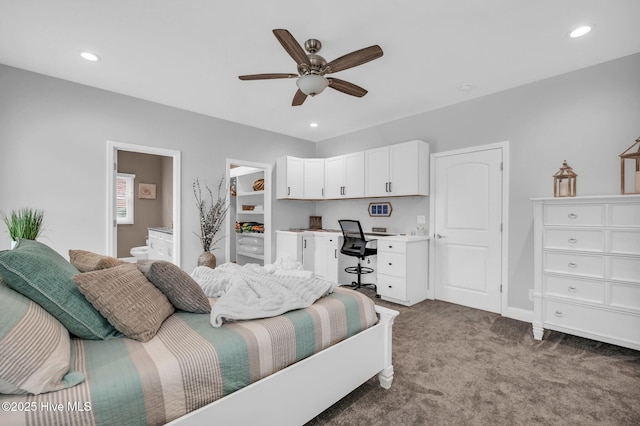 bedroom featuring recessed lighting, carpet, ensuite bath, and ceiling fan