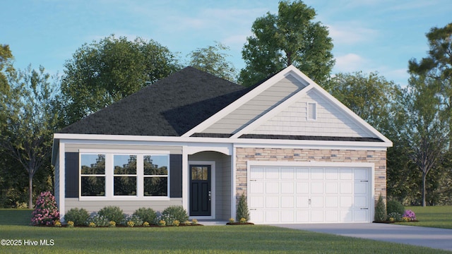 view of front of property with a garage, stone siding, and a front yard