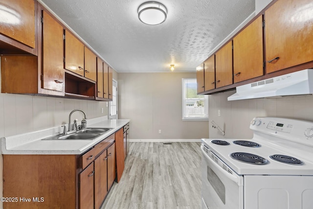 kitchen featuring white range with electric stovetop, brown cabinets, a textured ceiling, under cabinet range hood, and a sink