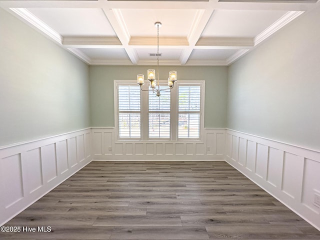 unfurnished dining area featuring visible vents, coffered ceiling, dark wood-type flooring, a notable chandelier, and beam ceiling