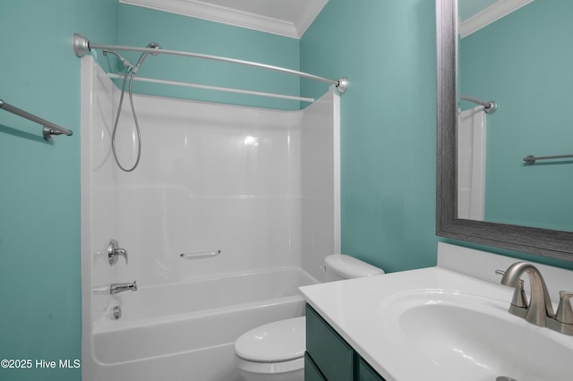 full bathroom with ornamental molding, shower / washtub combination, vanity, and toilet