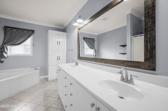 bathroom featuring ornamental molding, tile patterned flooring, a sink, and visible vents