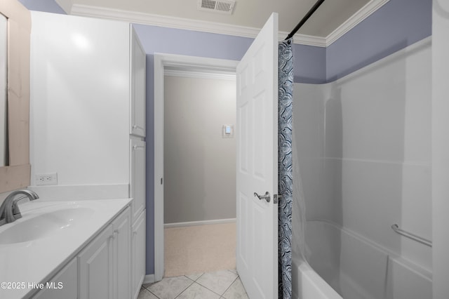 bathroom featuring visible vents, ornamental molding, tile patterned floors, shower / bath combination with curtain, and vanity