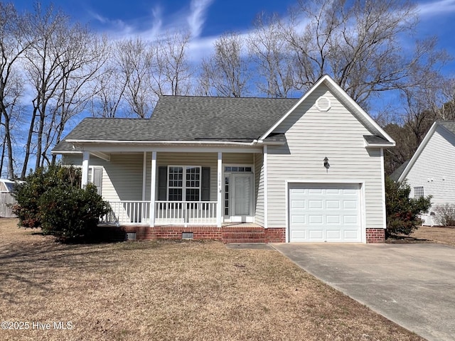 view of front of home featuring crawl space, a porch, concrete driveway, and roof with shingles