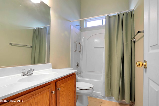 full bath featuring tile patterned flooring, vanity, toilet, and shower / bathtub combination with curtain