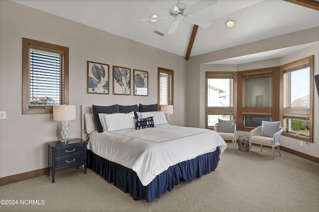 23 Comber Rd, Wilmington, NC 28411 - bedroom with ceiling fan, light carpet, visible vents, baseboards, and vaulted ceiling