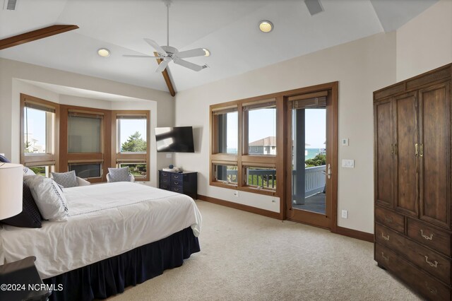 23 Comber Rd, Wilmington, NC 28411 - bedroom with recessed lighting, light colored carpet, baseboards, vaulted ceiling, and access to exterior
