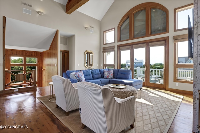 23 Comber Rd, Wilmington, NC 28411 - living room with visible vents, high vaulted ceiling, wood finished floors, and beamed ceiling