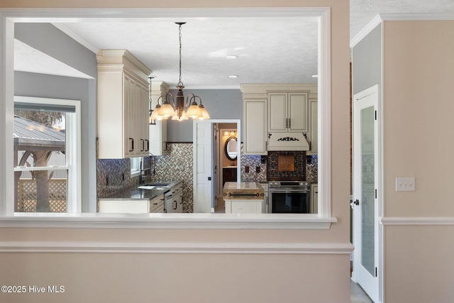 kitchen with custom exhaust hood, ornamental molding, decorative backsplash, and stainless steel range with electric cooktop