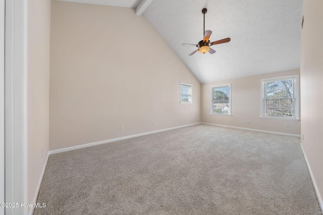 carpeted empty room featuring ceiling fan, high vaulted ceiling, a textured ceiling, baseboards, and beam ceiling