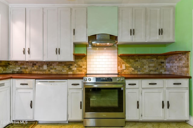 kitchen featuring white cabinets, white dishwasher, and stainless steel electric range oven